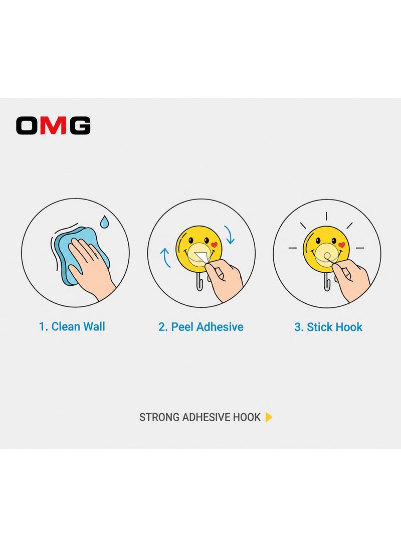 OMG Wall Hooks 3PCS Adhesive Smiley Face Hooks – Strong Sticky Waterproof Heavy Duty Wall Hangers, No Drilling Required, Multi-Purpose Holder for Kitchen, Bathroom & Home, Supports Up to 3KG - Image 1