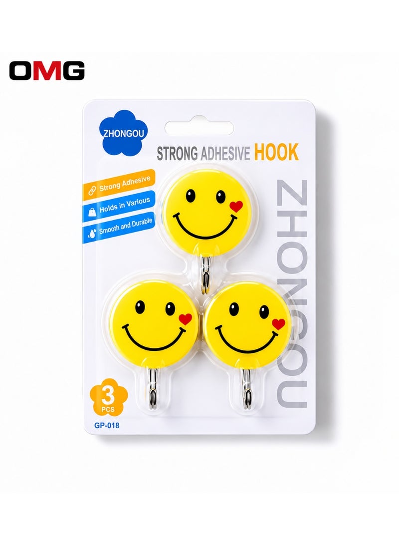 OMG Wall Hooks 3PCS Adhesive Smiley Face Hooks – Strong Sticky Waterproof Heavy Duty Wall Hangers, No Drilling Required, Multi-Purpose Holder for Kitchen, Bathroom & Home, Supports Up to 3KG - Image 4