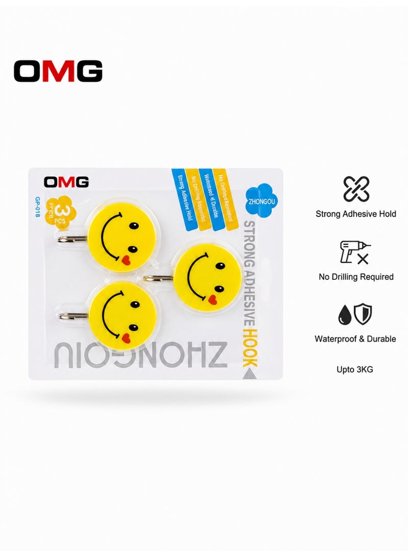 OMG Wall Hooks 3PCS Adhesive Smiley Face Hooks – Strong Sticky Waterproof Heavy Duty Wall Hangers, No Drilling Required, Multi-Purpose Holder for Kitchen, Bathroom & Home, Supports Up to 3KG - Image 3