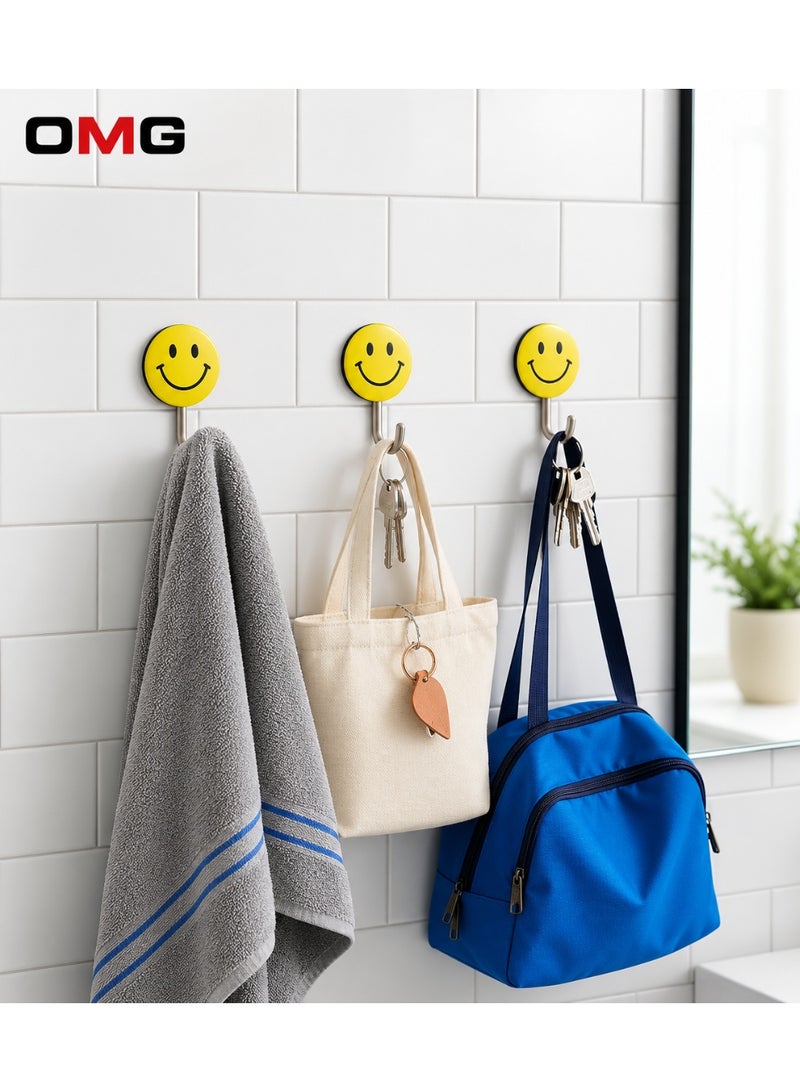 OMG Wall Hooks 3PCS Adhesive Smiley Face Hooks – Strong Sticky Waterproof Heavy Duty Wall Hangers, No Drilling Required, Multi-Purpose Holder for Kitchen, Bathroom & Home, Supports Up to 3KG - Image 2