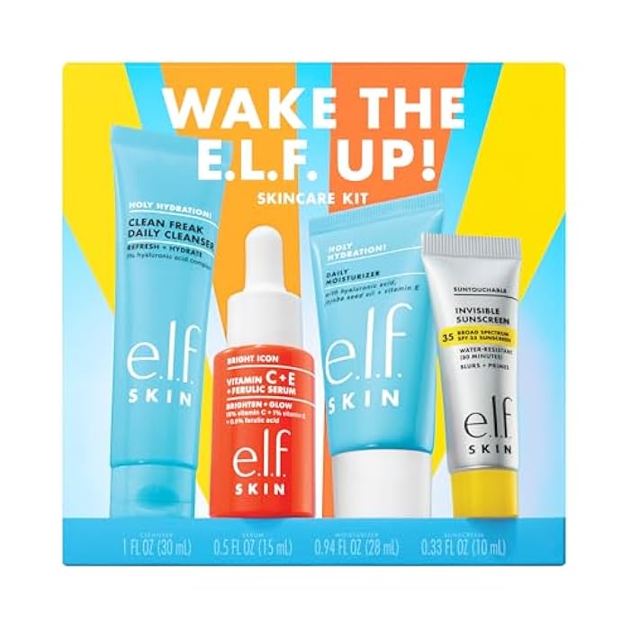 elf e.l.f. SKIN Wake the e.l.f. Up Skincare Kit, Travel-Size Hydrating Face Cleanser, Sunscreen, Moisturizer & Brightening Serum, Vegan & Cruelty-Free - Image 1