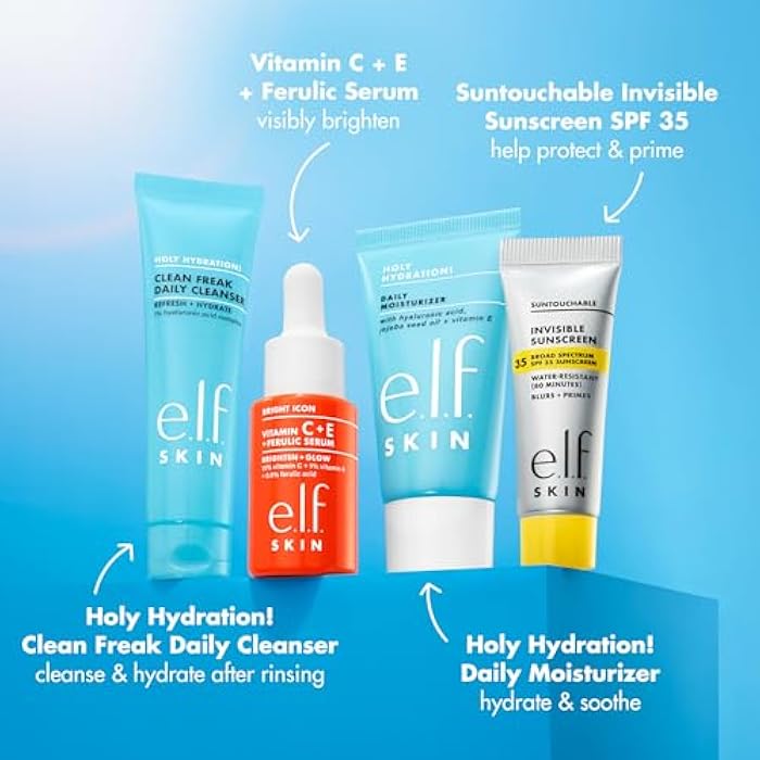 elf e.l.f. SKIN Wake the e.l.f. Up Skincare Kit, Travel-Size Hydrating Face Cleanser, Sunscreen, Moisturizer & Brightening Serum, Vegan & Cruelty-Free - Image 3