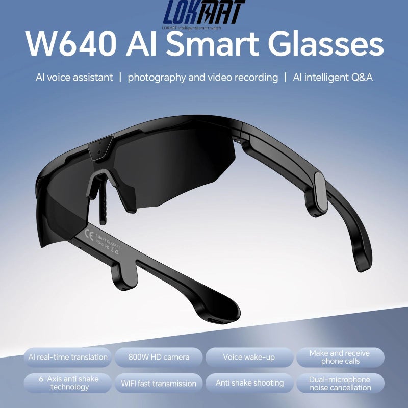 لقمات إلكترونيات Lokmat W640 Outdoor Sports Smart Glasses, 8MP HD Camera, 4K Video, Multilingual Voice Assistant, Black - Image 1