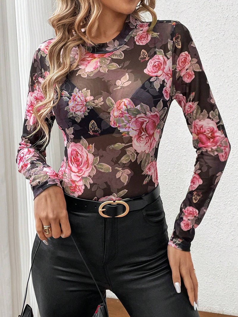 Elegant Rose Floral Print Stand Collar Mesh Fitted Top Blouse - Image 3