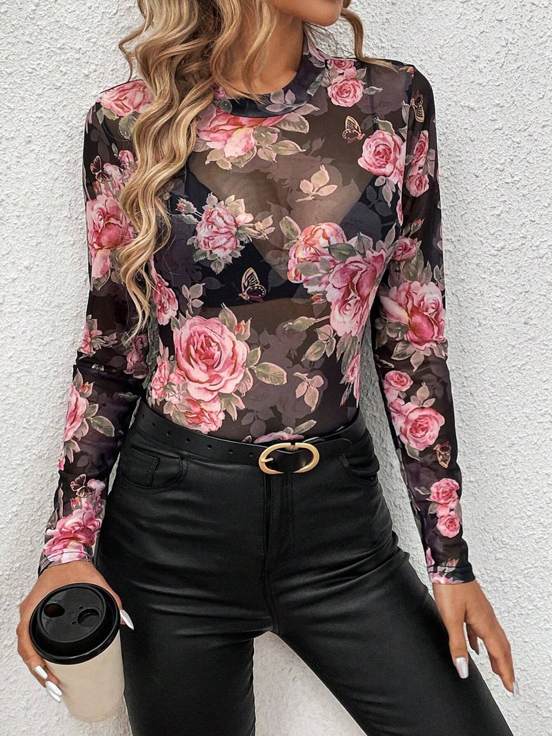 Elegant Rose Floral Print Stand Collar Mesh Fitted Top Blouse - Image 5