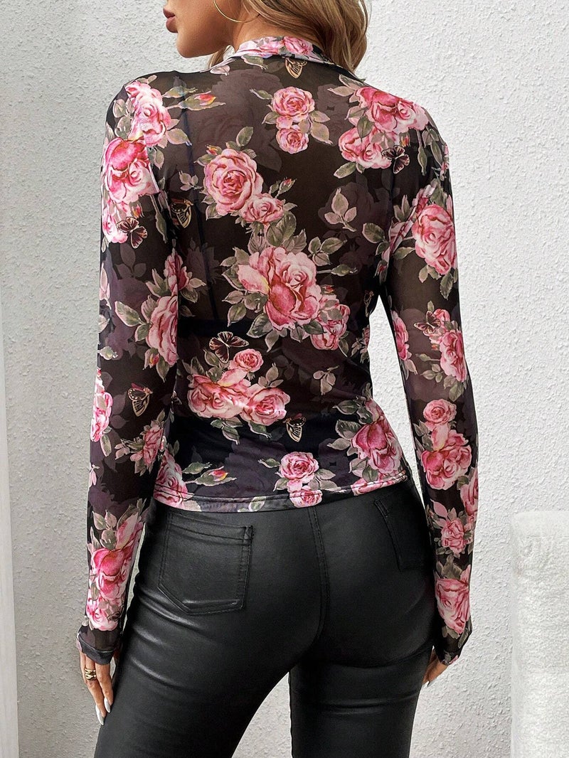 Elegant Rose Floral Print Stand Collar Mesh Fitted Top Blouse - Image 2