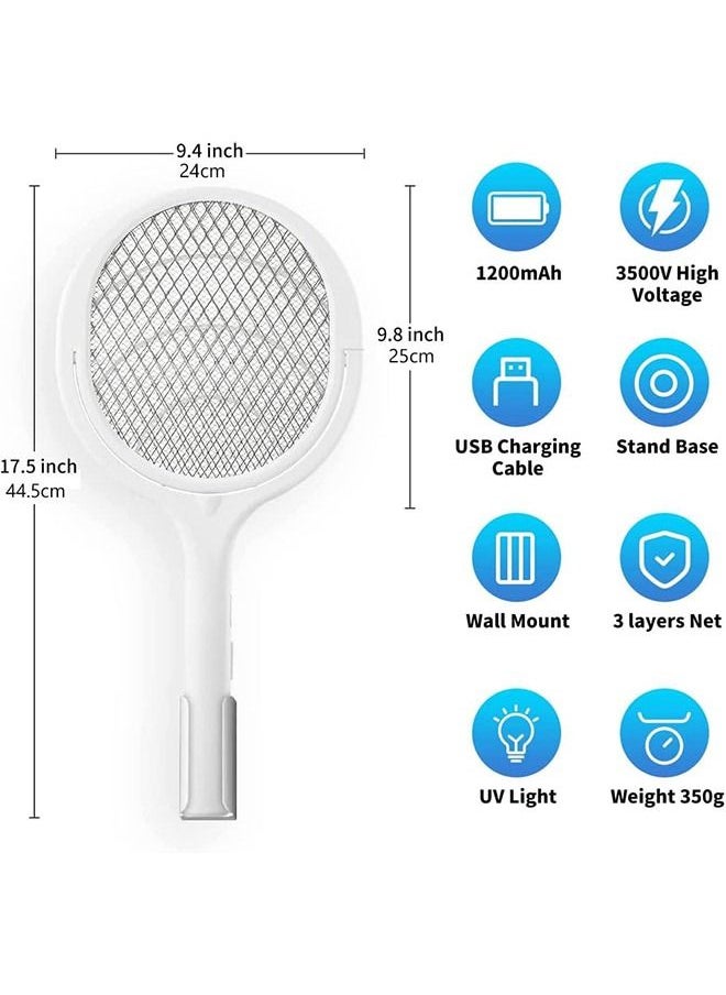 DMG Electric Fly Swatter  5 in1 Rotatable Indoor Bug Zapper Racket USB-C Rechargeable Mosquito Killer 3500V High-Voltage Mosquito Zapper with UV Light Standing Base and Wall Mount