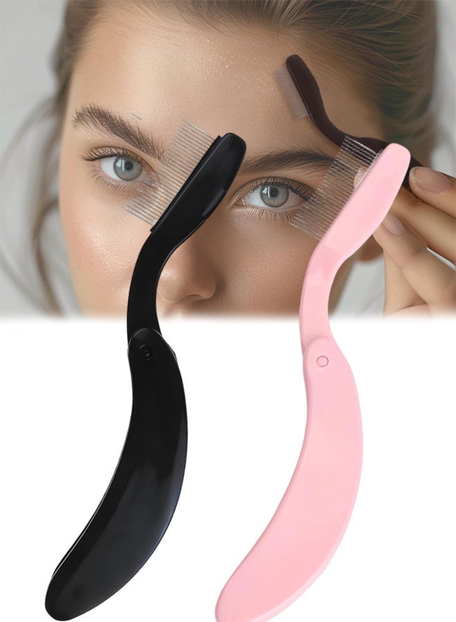 2Pcs Folding Eyelash Comb Separator, Mascara Application Tool, Black & Pink - Image 1