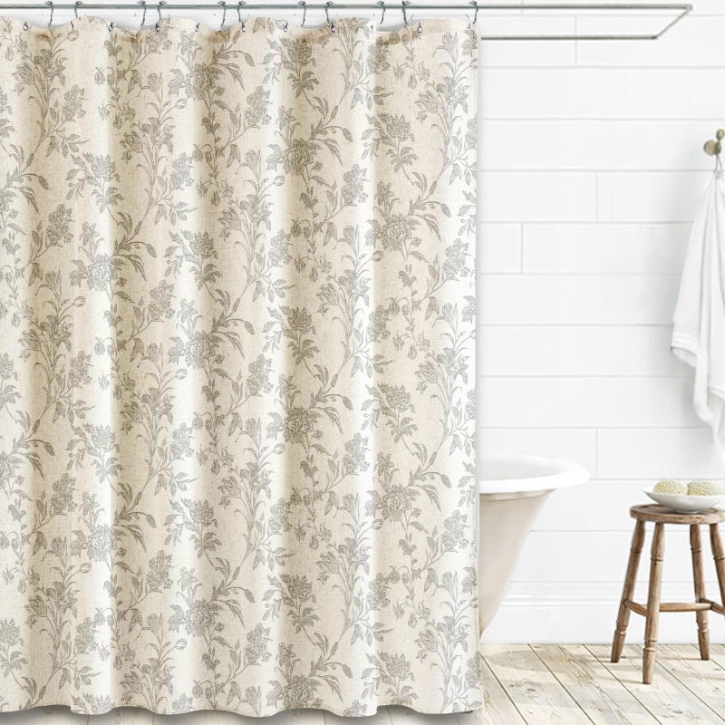 WOUVMA Vintage Farmhouse Shower Curtain for Bathroom Grey Shower Curtain Floral Cotton Linen 72" W x 72" L - Image 2