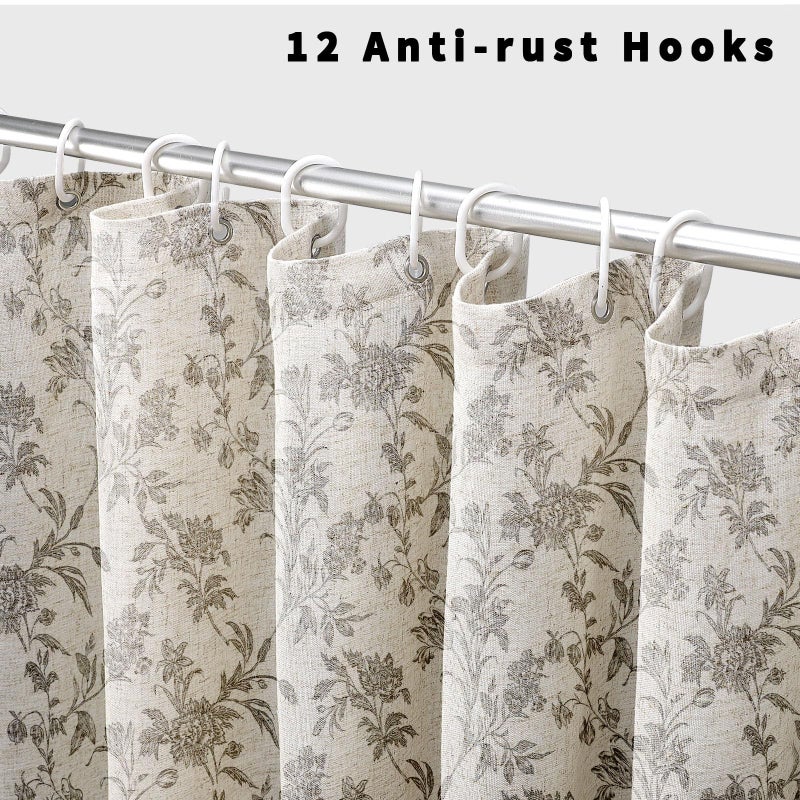 WOUVMA Vintage Farmhouse Shower Curtain for Bathroom Grey Shower Curtain Floral Cotton Linen 72" W x 72" L - Image 3