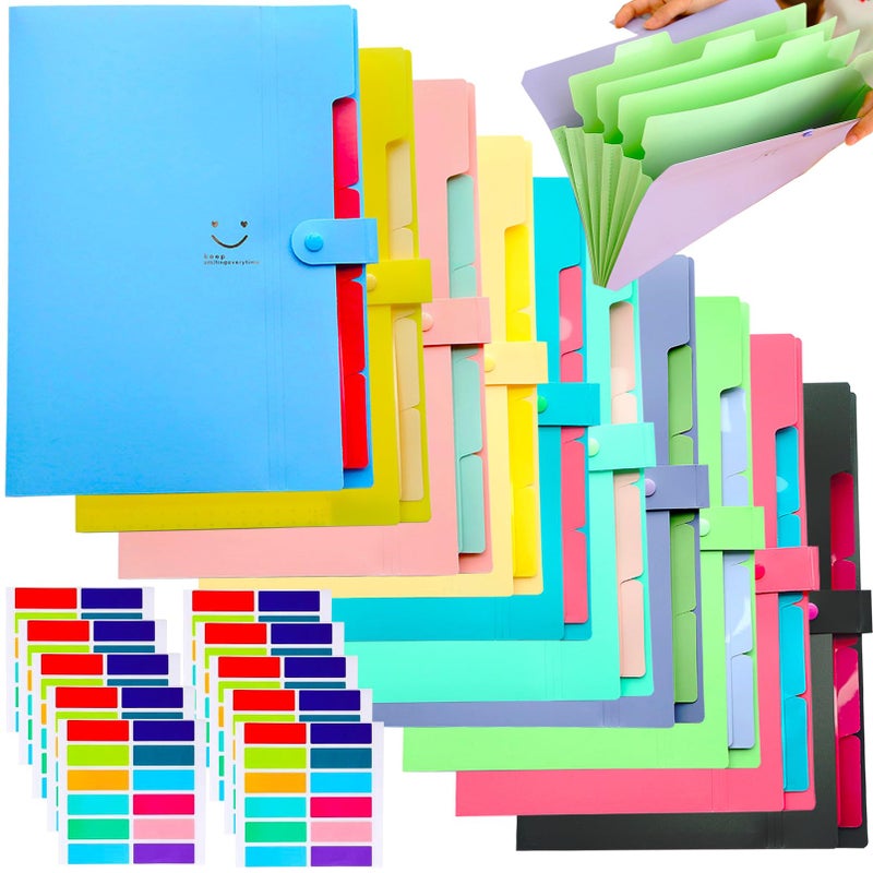 xlehoely xlehoel 10 PCS Expanding File Folders,A4 Letter Size Accordion Organizer Folder,Expandable File Folder Organizer with 5 Pockets,Plastic Document Organizer with 120 Labels for School Office Supplies - Image 1