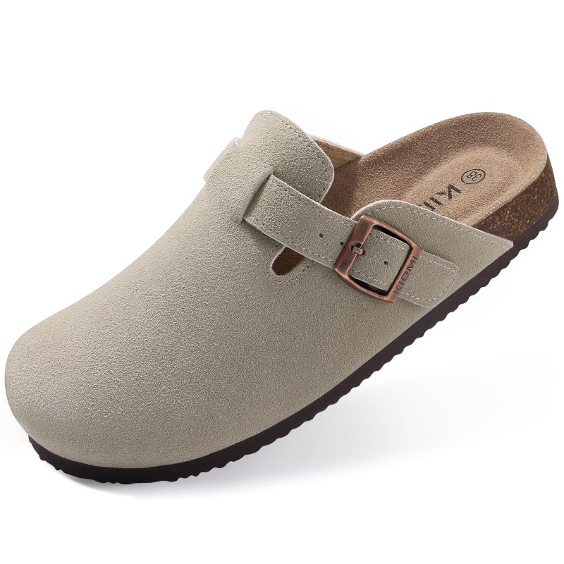 KIDMI Genuine Suede Clogs for Women Cork Footbed Sandals Leather Mules Potato Shoes with Arch Support Grey 40 (Size 8.5) - Image 1