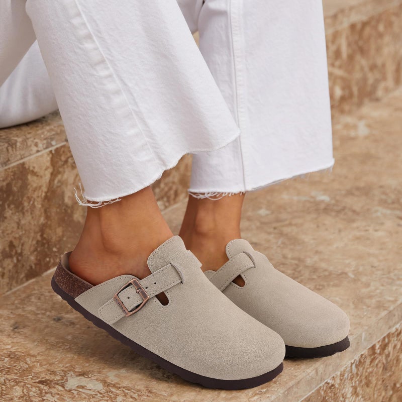 KIDMI Genuine Suede Clogs for Women Cork Footbed Sandals Leather Mules Potato Shoes with Arch Support Grey 40 (Size 8.5) - Image 2