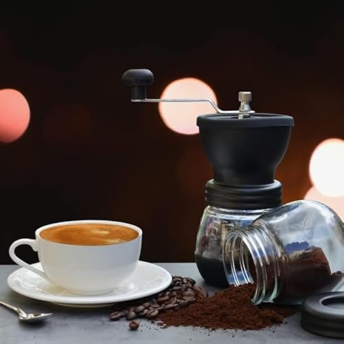 SWIUKPHE مطحنة حبوب القهوة اليدوية مطحنة قهوة مع مطحنة سيراميك طحن قابل للتعديل بشكل لا نهائي مطحنة قهوة يدوية صغيرة مع جرتين زجاجيتين مطحنة قهوة يدوية - Image 3