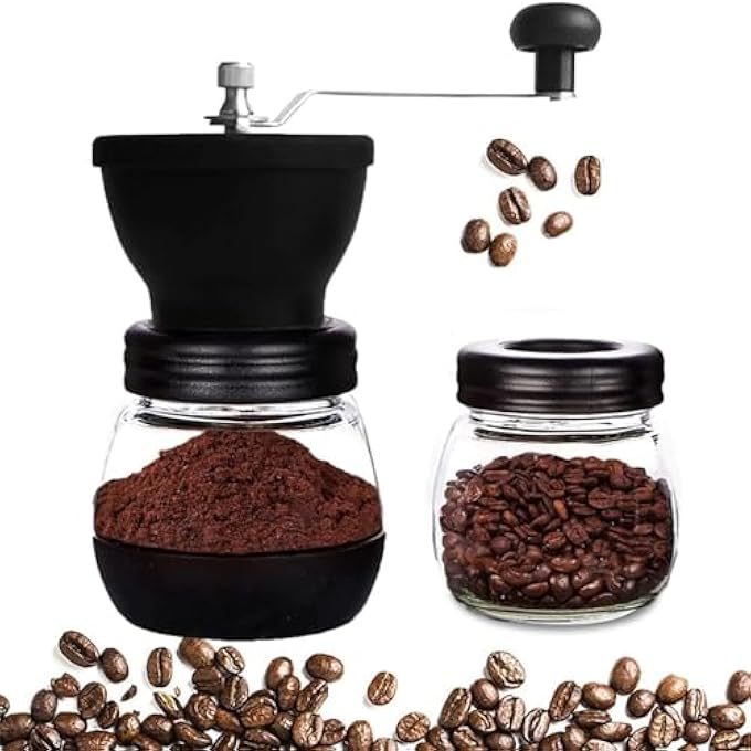 SWIUKPHE مطحنة حبوب القهوة اليدوية مطحنة قهوة مع مطحنة سيراميك طحن قابل للتعديل بشكل لا نهائي مطحنة قهوة يدوية صغيرة مع جرتين زجاجيتين مطحنة قهوة يدوية - Image 1