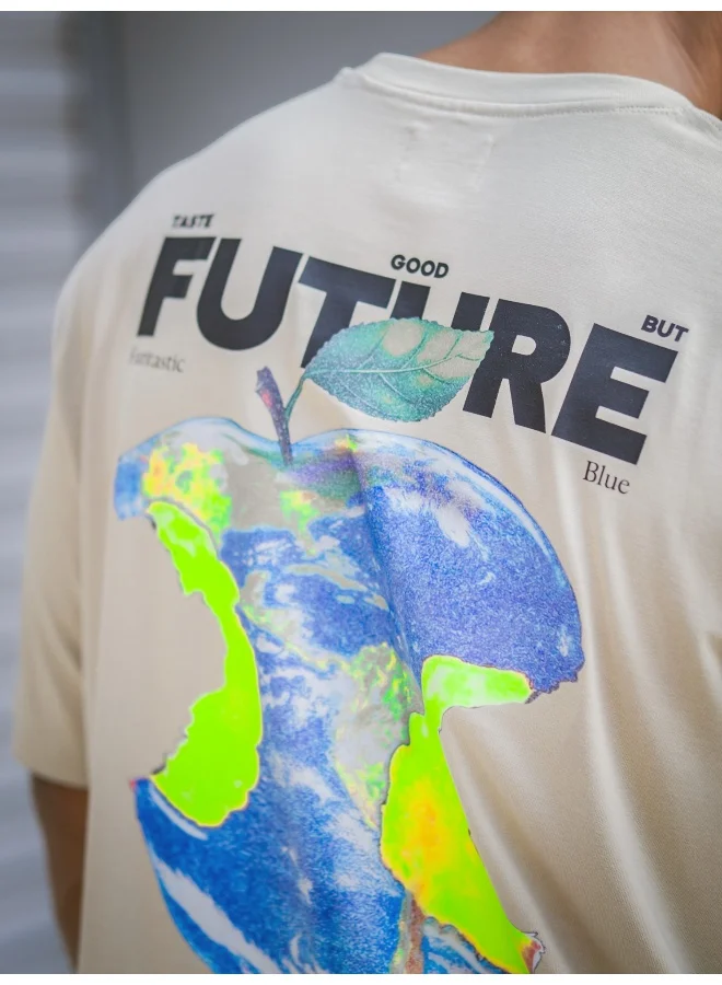 مانياك تيشيرت مانياك رجالي قطن بطبعة مستقبلية بياقة دائرية وأكمام نصفية باللون البسكويت والأسود