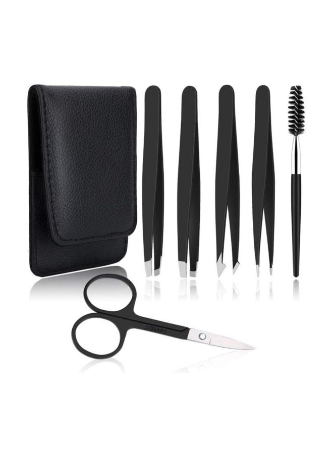6 Pieces Stainless Steel Beauty Grooming Tool Set, Precision Tweezers & Styling Brush Kit with Leather Storage Pouch for Facial Hair Trimming & Daily Cosmetic Use - Image 1