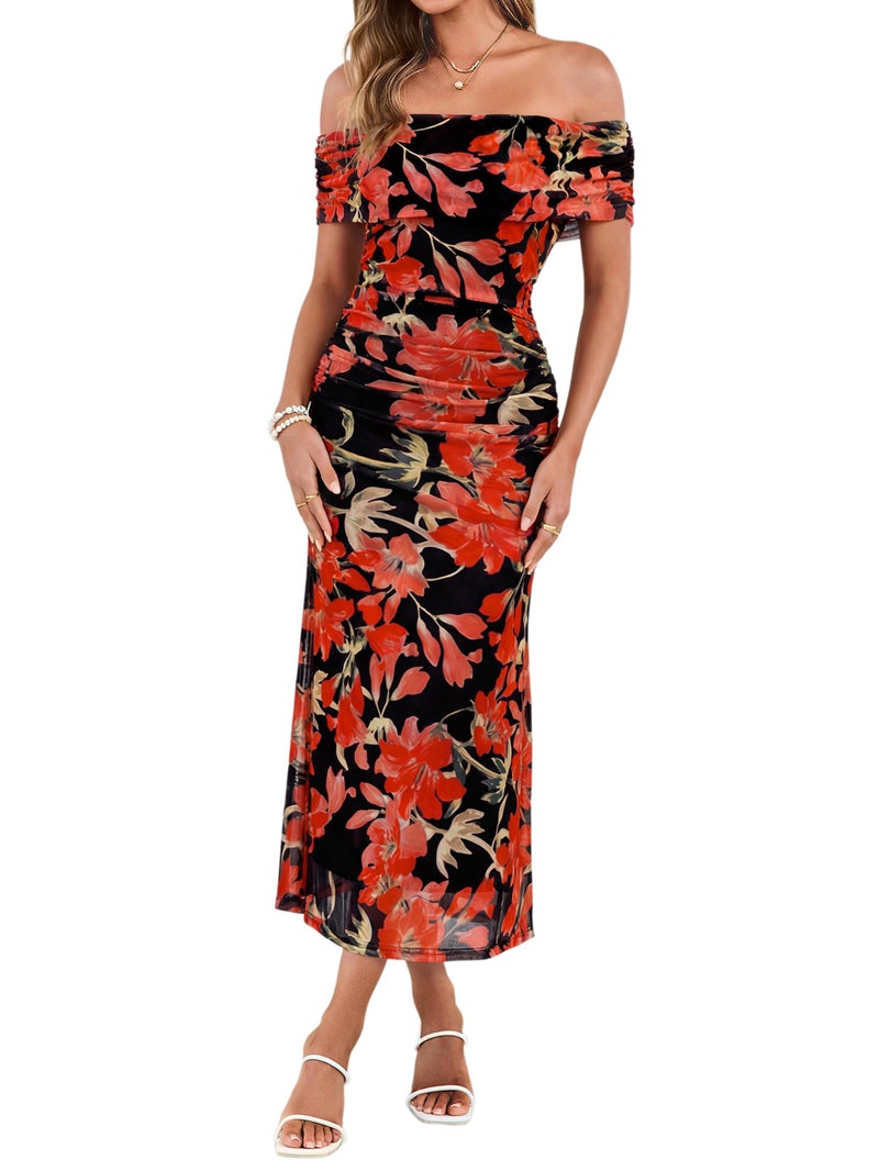Simplee Womens Summer Floral Off Shoulder Maxi Dress 2026 Spring Ruched Bodycon Formal Wedding Guest Cocktail Dresses Black Red - Image 1