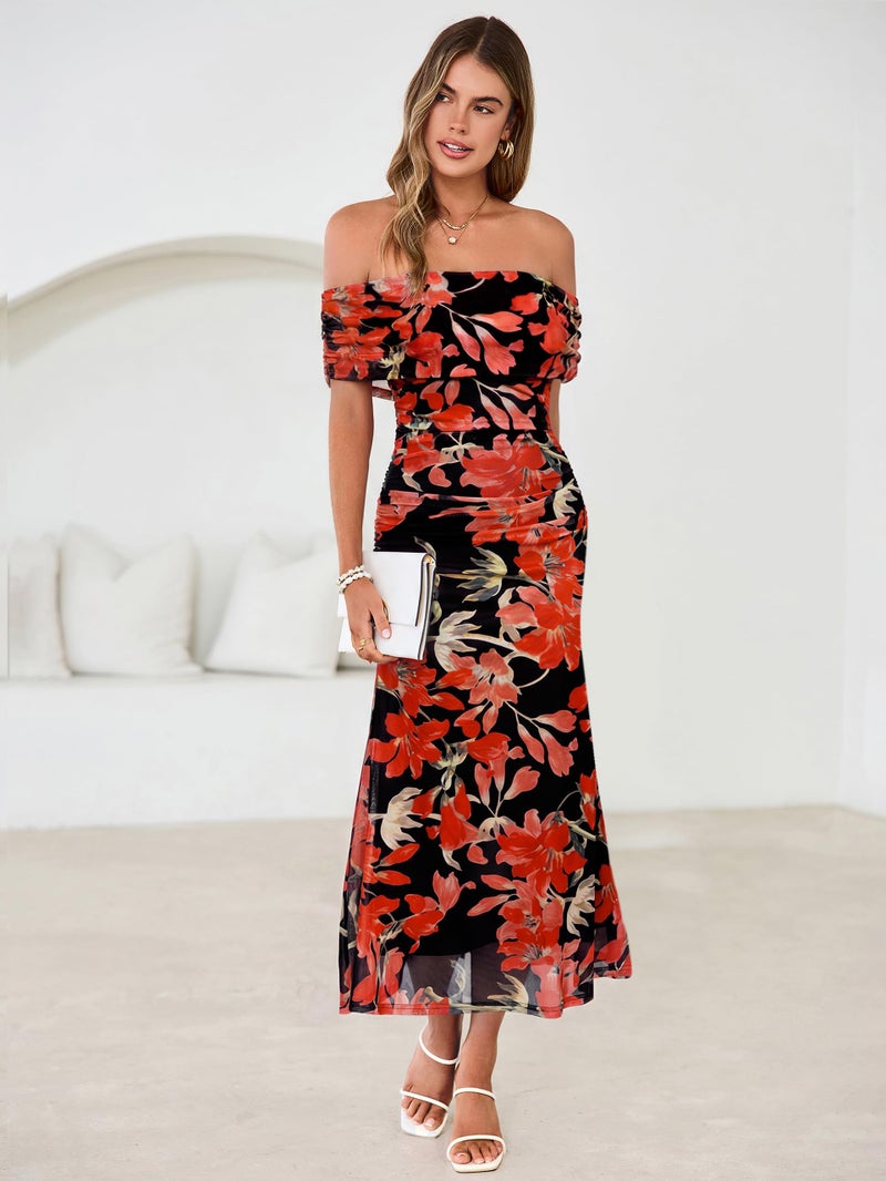 Simplee Womens Summer Floral Off Shoulder Maxi Dress 2026 Spring Ruched Bodycon Formal Wedding Guest Cocktail Dresses Black Red - Image 2