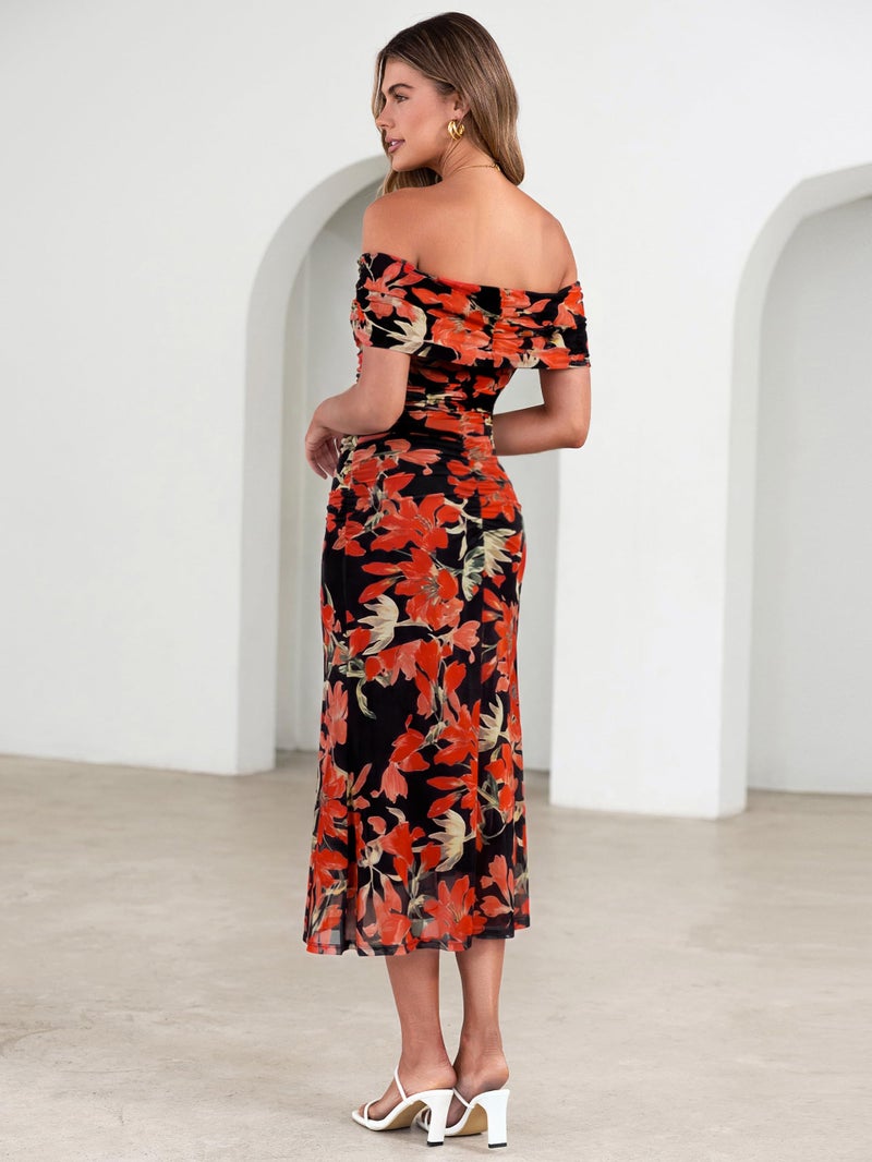 Simplee Womens Summer Floral Off Shoulder Maxi Dress 2026 Spring Ruched Bodycon Formal Wedding Guest Cocktail Dresses Black Red - Image 5