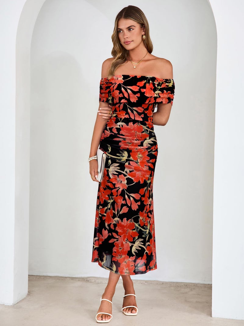 Simplee Womens Summer Floral Off Shoulder Maxi Dress 2026 Spring Ruched Bodycon Formal Wedding Guest Cocktail Dresses Black Red - Image 3