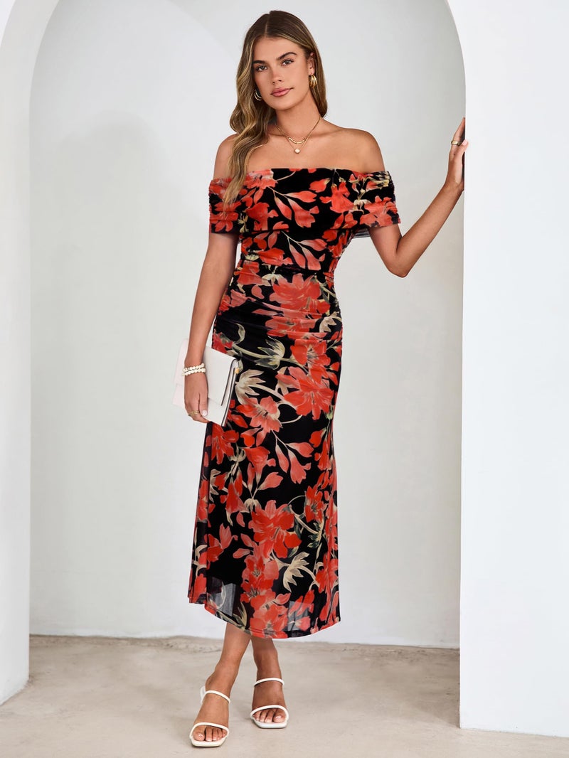 Simplee Womens Summer Floral Off Shoulder Maxi Dress 2026 Spring Ruched Bodycon Formal Wedding Guest Cocktail Dresses Black Red - Image 4