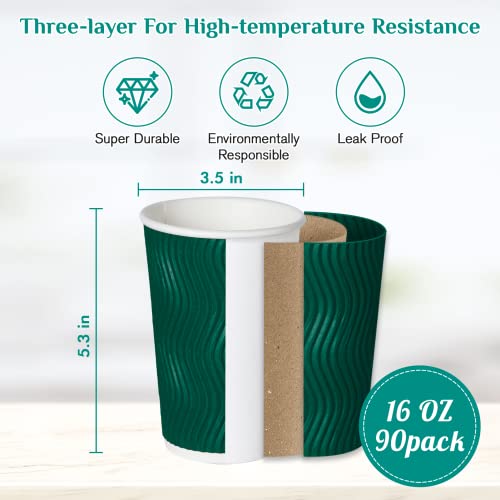 MUCHII 16 oz Paper Coffee Cups, 90 Count Multicolor Disposable Insulated Ripple Paper Cups for Hot Chocolate and Tea - Image 3