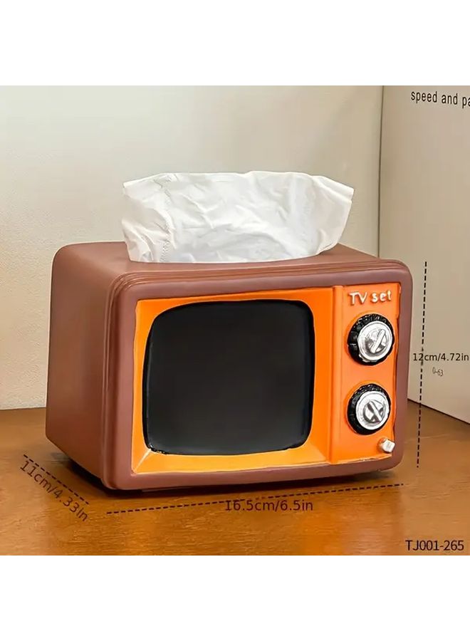 صندوق مناديل على شكل تلفزيون قديم، ديكور منزلي من الراتنج بلوني البني والبرتقالي العتيق - Image 3