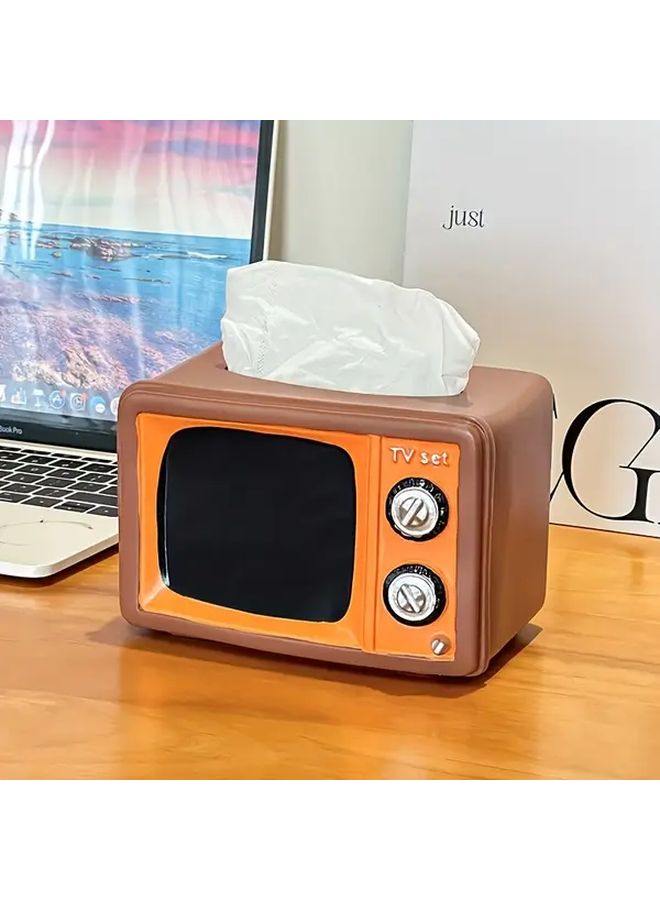 صندوق مناديل على شكل تلفزيون قديم، ديكور منزلي من الراتنج بلوني البني والبرتقالي العتيق - Image 4