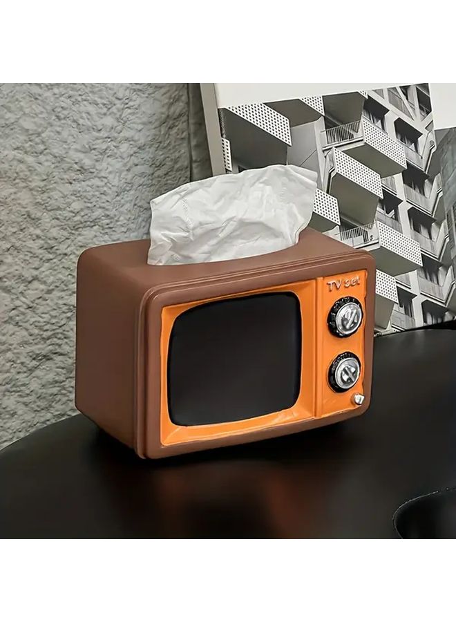 صندوق مناديل على شكل تلفزيون قديم، ديكور منزلي من الراتنج بلوني البني والبرتقالي العتيق - Image 1