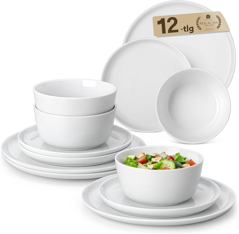 MALACASA Gulf popular simple design 12 Pieces Gourmet Porcelain Dinnerware Sets, Premium Plates and Bowls Set, High-Fired Ceramic Dishes Set for 4, Chip & Scratch Resistant, Microwave Dishwasher Safe, White, Series LEXI Long term heavy use compatible - Image 1