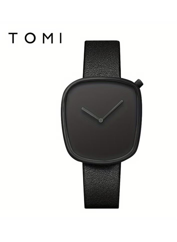 TOMI A Minimalist Square Watch With Pebble-like Design, Featuring No Scale, For Both Men And Women, With A PU Leather Strap - Image 1