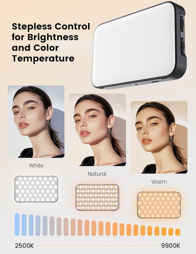 CASON ضوء محمول 2 في 1 لتصوير الفيديو يوتيوب - قابل للتعتيم 2500-9900K ضوء كاميرا التصوير / ضوء حلقي للهاتف، أضواء قابلة للتثبيت على اللابتوب - بطارية قابلة للشحن 3000mAh - Image 2