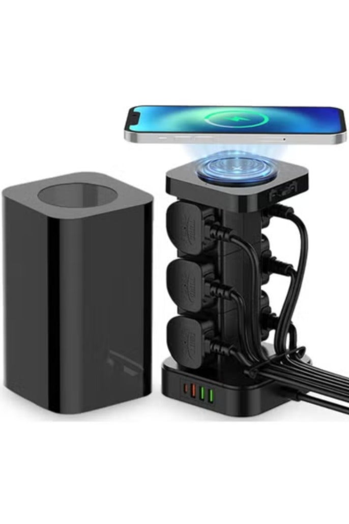 REBENUO 6 AC Tower Extension Power Socket with Wireless Charger and Cable Management Box with Lock 4 USB Ports 1 PD 30W 1 QC3.0 18W 2 USB-A 6 Power Ports 2500W (Black) - Image 1