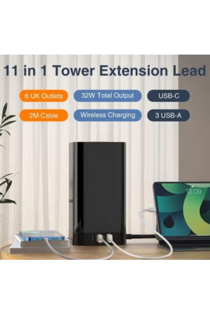 REBENUO 6 AC Tower Extension Power Socket with Wireless Charger and Cable Management Box with Lock 4 USB Ports 1 PD 30W 1 QC3.0 18W 2 USB-A 6 Power Ports 2500W (Black) - Image 2