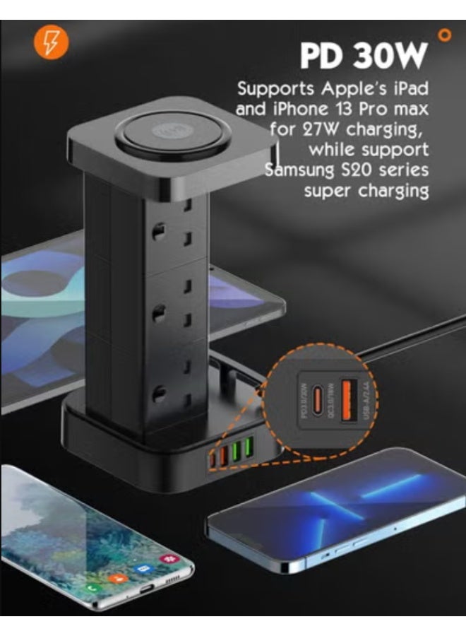 REBENUO 6 AC Tower Extension Power Socket with Wireless Charger and Cable Management Box with Lock 4 USB Ports 1 PD 30W 1 QC3.0 18W 2 USB-A 6 Power Ports 2500W (Black) - Image 3