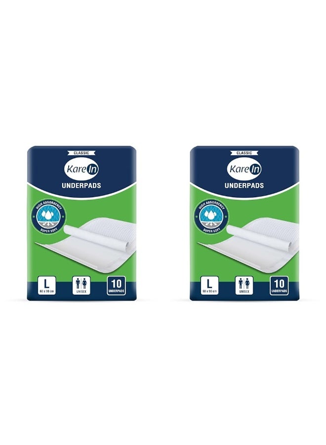 KareIn Classic Underpads, Large, 60 x 90 Cm, 10 Count, Superior Absorbency, Leak Proof, Pack of 2 - Image 1