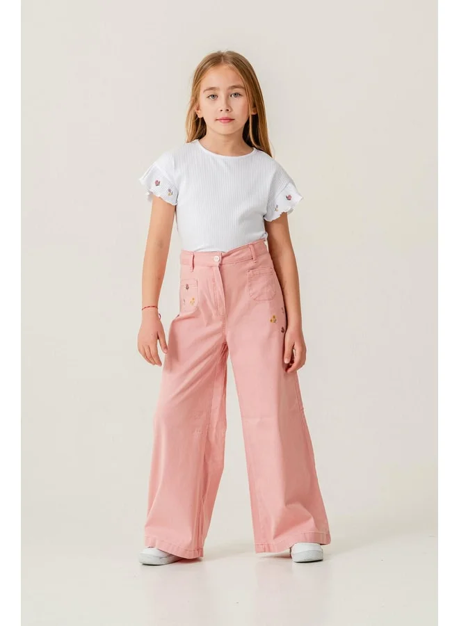 Magu Girls' Cotton White T-Shirt with Embroidered Details and Pink Pants Set - Elegant Floral Combo.