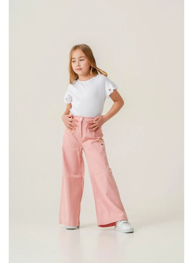 Magu Girls' Cotton White T-Shirt with Embroidered Details and Pink Pants Set - Elegant Floral Combo.