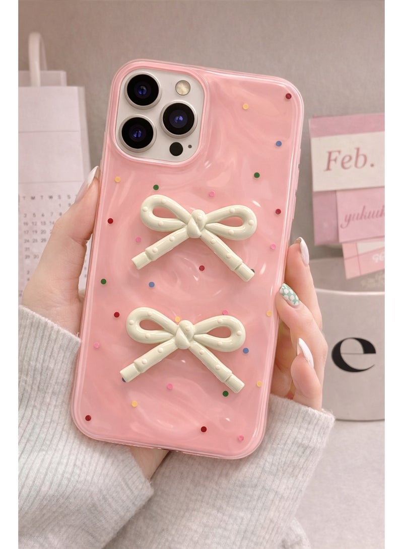 erorex Cute Pink 3D White Bow Polka Dot Case for iPhone 15 Pro Shockproof Protective Cover - Image 1