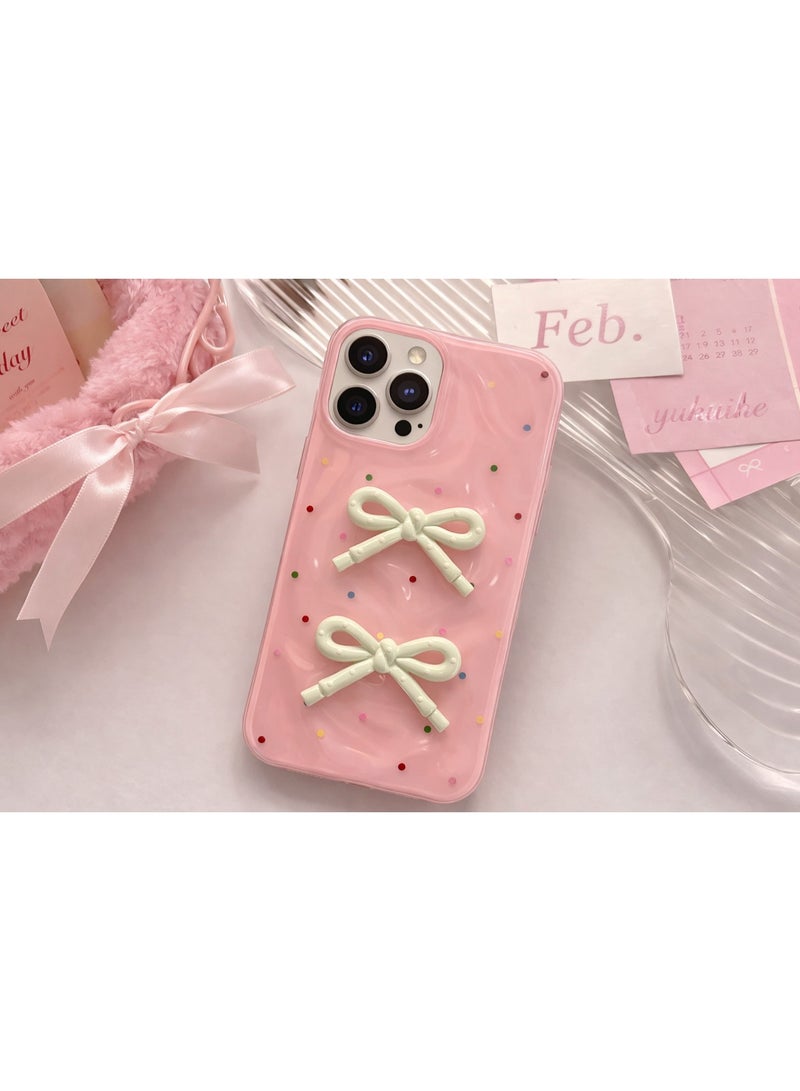 erorex Cute Pink 3D White Bow Polka Dot Case for iPhone 15 Pro Shockproof Protective Cover - Image 2