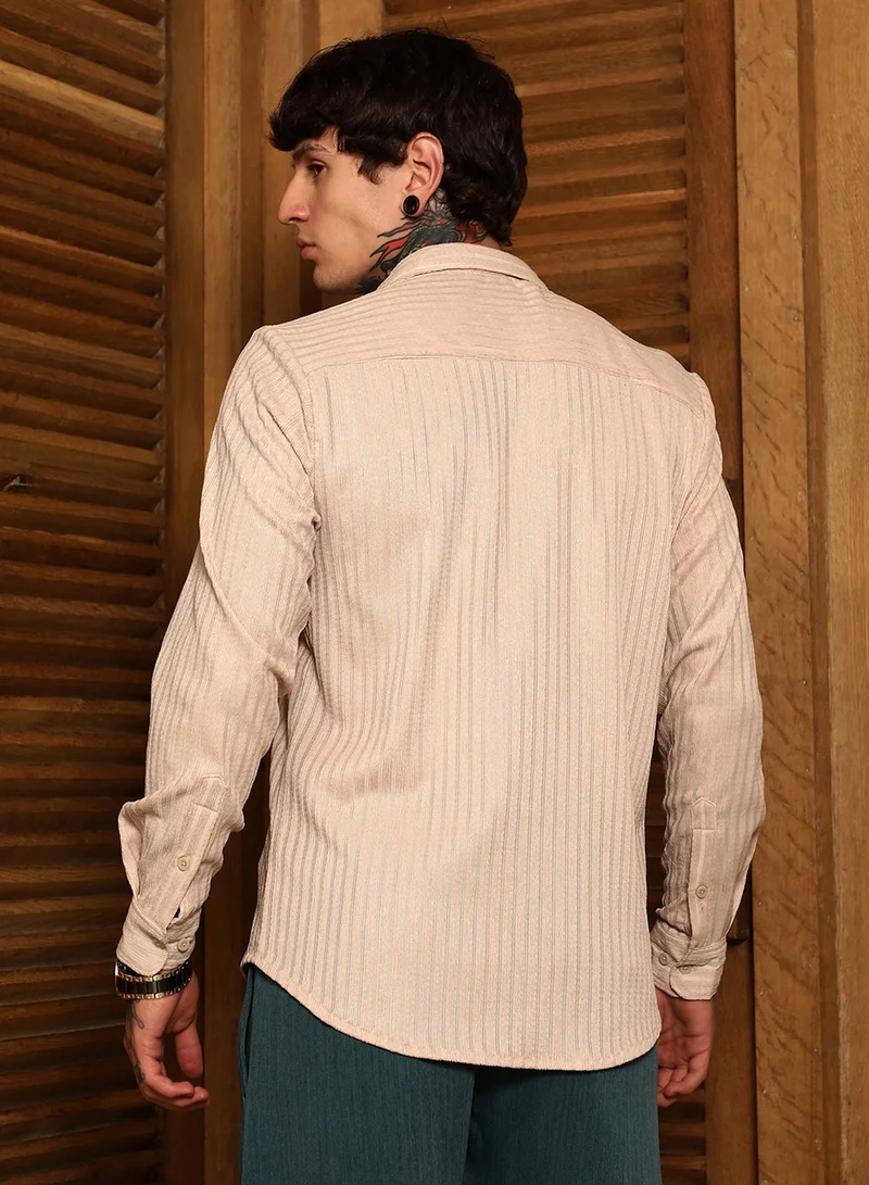 Campus Sutra Campus Sutra Men's Khaki Beige Ripple-Trough Shirt For Casual Wear | Spread Collar | Long Cuffed Sleeves | Button Closure | Shirt Crafted With Comfort Fit For Everyday Wear