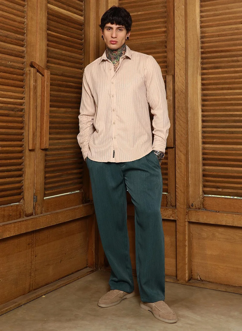 Campus Sutra Campus Sutra Men's Khaki Beige Ripple-Trough Shirt For Casual Wear | Spread Collar | Long Cuffed Sleeves | Button Closure | Shirt Crafted With Comfort Fit For Everyday Wear