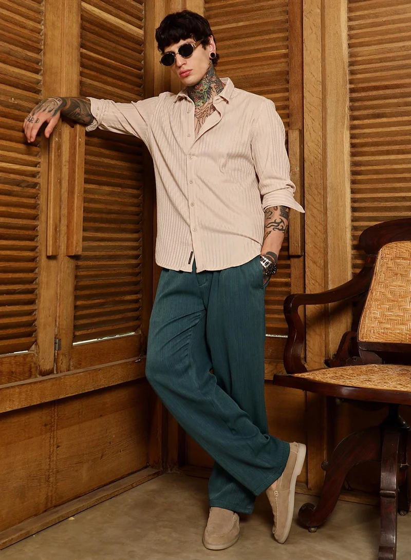 Campus Sutra Campus Sutra Men's Khaki Beige Ripple-Trough Shirt For Casual Wear | Spread Collar | Long Cuffed Sleeves | Button Closure | Shirt Crafted With Comfort Fit For Everyday Wear