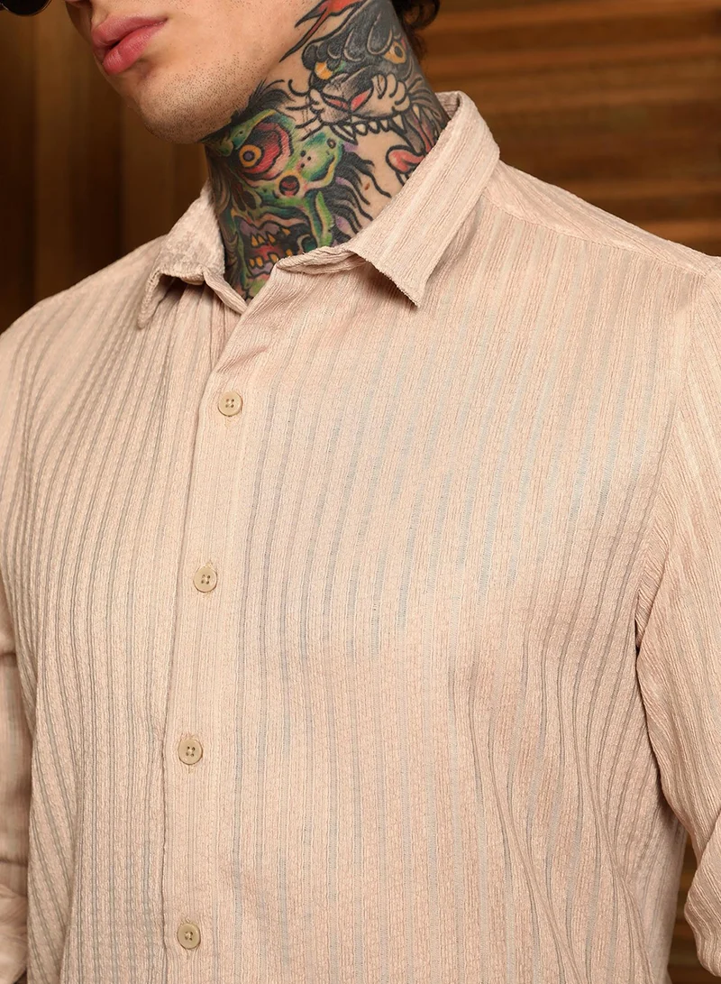 Campus Sutra Campus Sutra Men's Khaki Beige Ripple-Trough Shirt For Casual Wear | Spread Collar | Long Cuffed Sleeves | Button Closure | Shirt Crafted With Comfort Fit For Everyday Wear