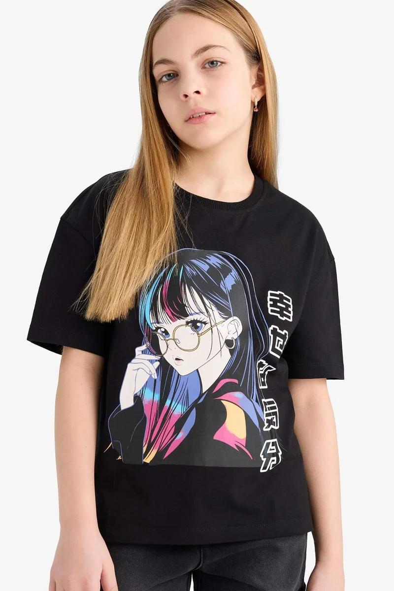 ديفاكتو Girl Relax Fit Crew Neck Printed T-Shirt