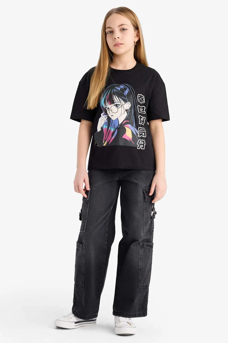ديفاكتو Girl Relax Fit Crew Neck Printed T-Shirt