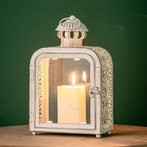 DECORKEY Candle Lantern Decorative Indoor  Outdoor Vintage Metal Lanterns with Clear Glass TabletopHanging Candle Holders for Patio Front Porch Home Decor Halloween Christmas Decorations White