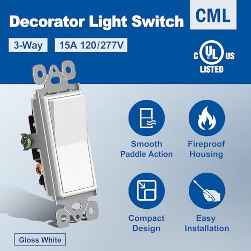 CML Hardware (20 Pack) CML 3 Way Decorator Paddle Rocker Wall Light Switch, Single Pole or Three Way, 15A 120/277V, On/Off Interrupter, UL Listed, White - Image 2