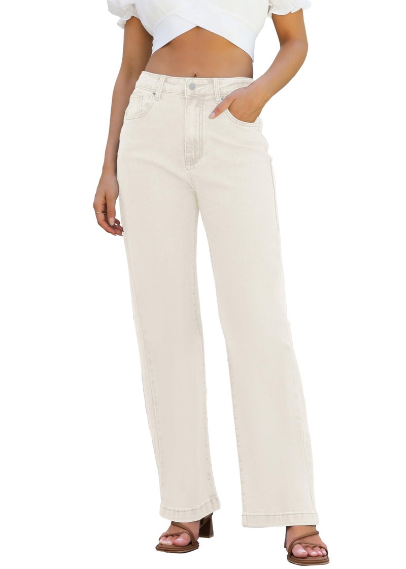 ETTELO Womens Jeans High Waisted Straight Leg Loose Stretchy Lightweight Tummy Control Trendy Jeans for Women 2025 Beige - Image 1